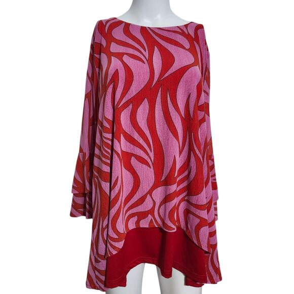 Calessa L Blouse Swirl‎ Print L Pink & Red Tiered Ruffle Sleeve Tunic Flame Fire - Picture 2 of 11